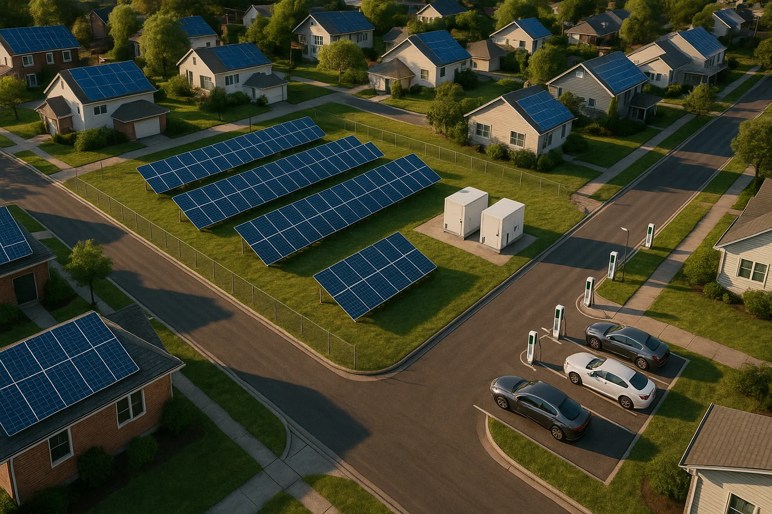 Ecco come sono le comunità energetiche ideali: pannelli fotovoltaici, sistemi di accumulo e colonnine di ricarica per veicoli elettrici